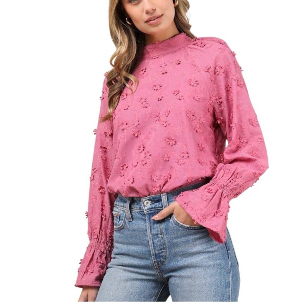 Lulu’s Charismatic Romantic Pink Embroidered Appliqued Floral Top - L